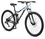 Mongoose Impasse Dual Mens and Womens Mountain Bike, 29-Inch Wheels, 17-Inch Aluminum Frame, Twist Shifters, 8- Speed Rear Deraileur, Front and Rear Disc Brakes, Black/Blue